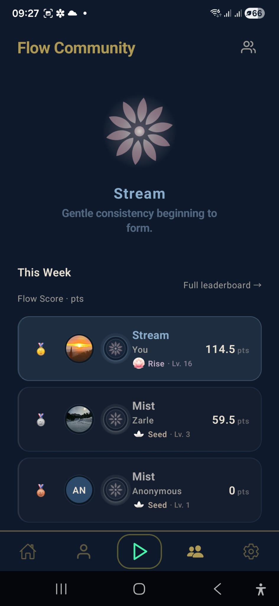 FlowSeit Android community leaderboard showing league tier, weekly flow score points, and other members.