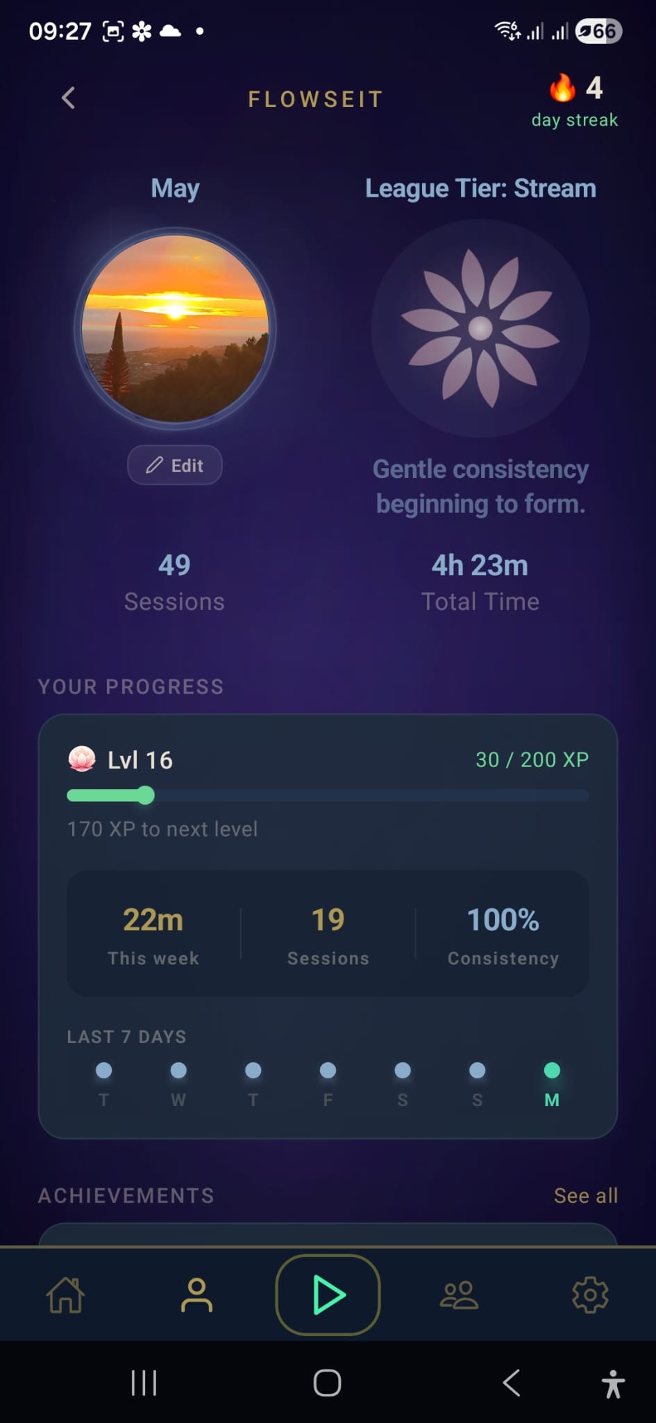 FlowSeit Android progress profile showing streak, league tier, total time, XP, and weekly consistency.