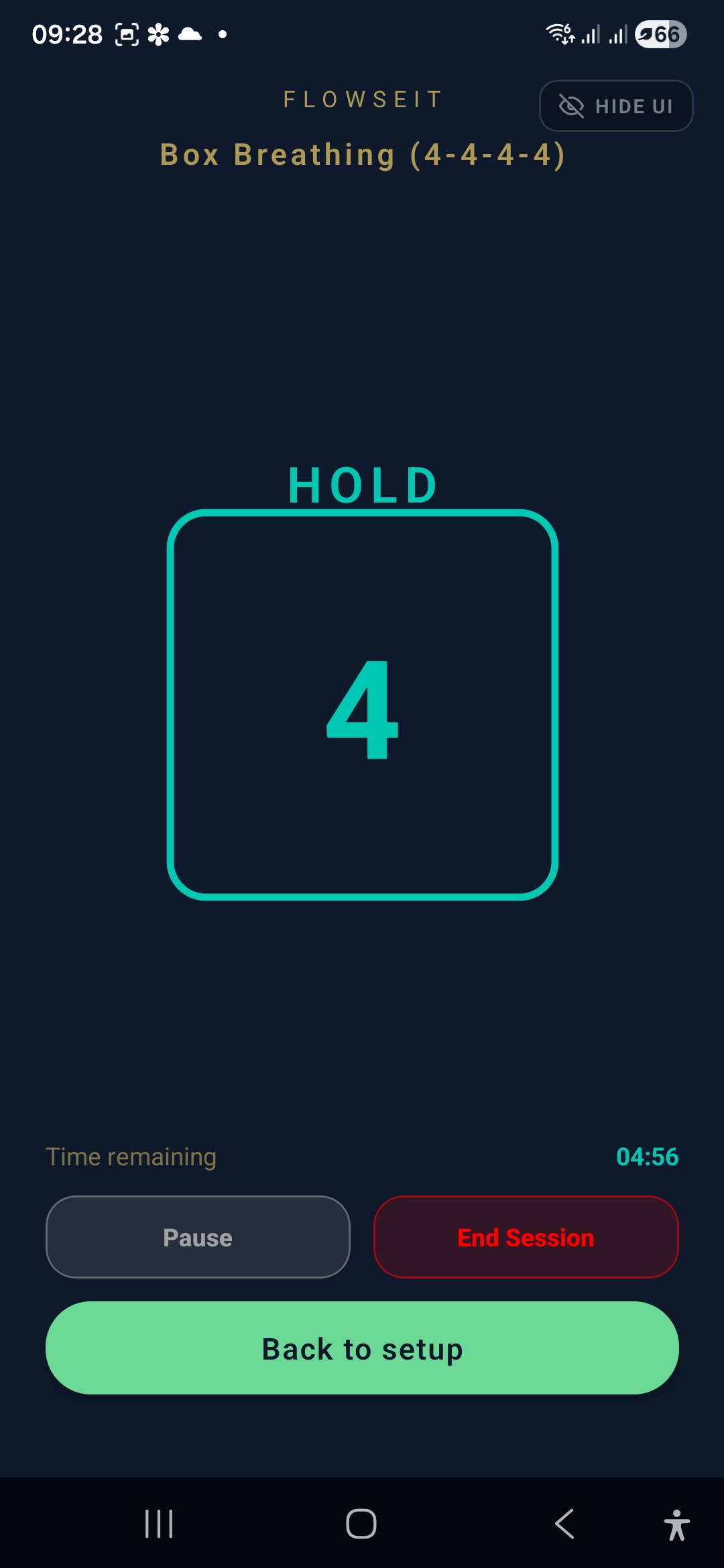 FlowSeit Android guided box breathing screen showing a hold phase, timer, pause, end, and setup controls.